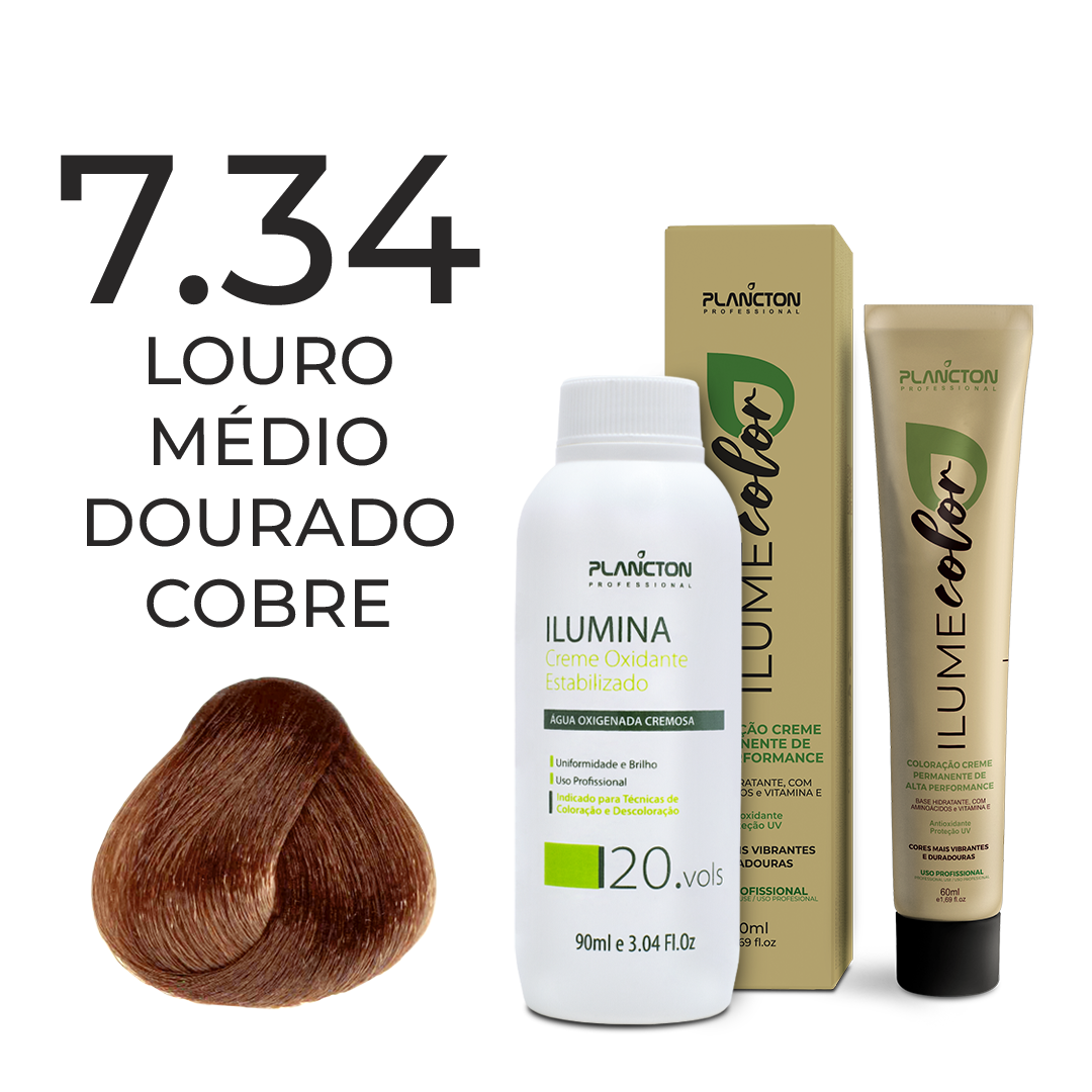 KIT ILUME COLOR PLANCTON - 7.34 LOURO MÉDIO DOURADO COBRE + ILUMINA OX 20V - 90ML