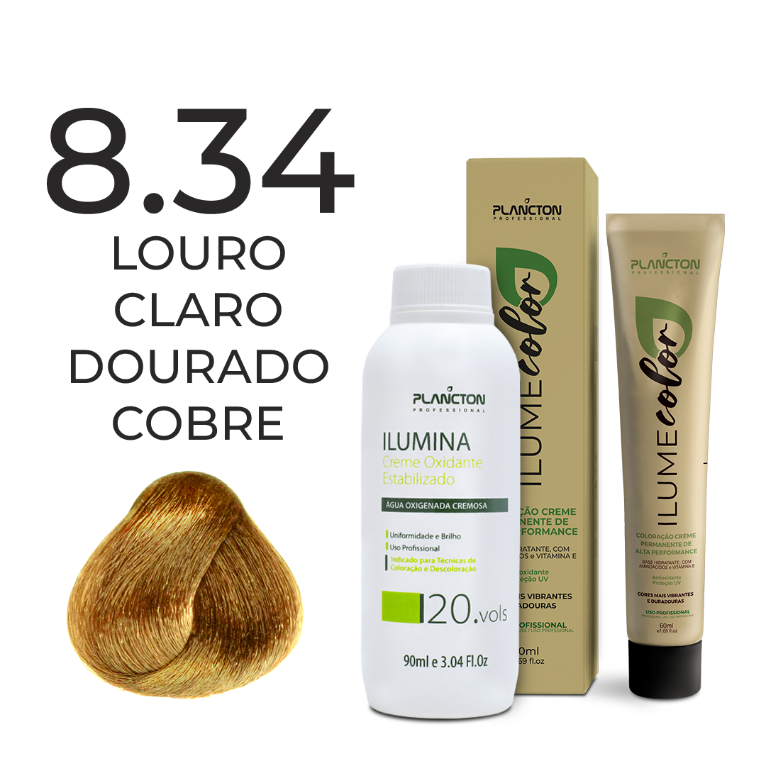 KIT ILUME COLOR PLANCTON - 8.34 LOURO CLARO DOURADO COBRE + ILUMINA OX 20V - 90ML