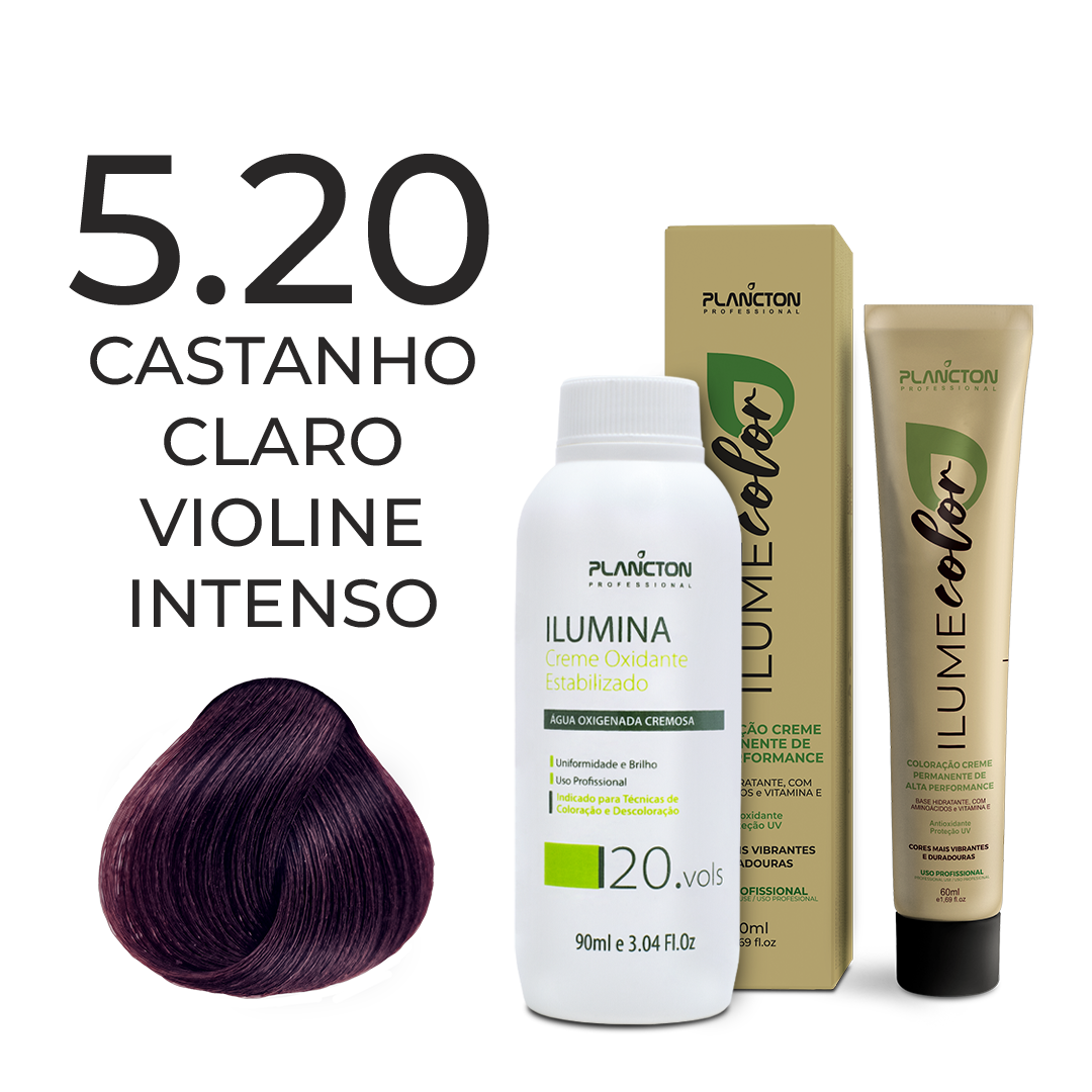 KIT ILUME COLOR PLANCTON - 5.20 CASTANHO CLARO VIOLINE INTENSO + ILUMINA OX 20V - 90ML