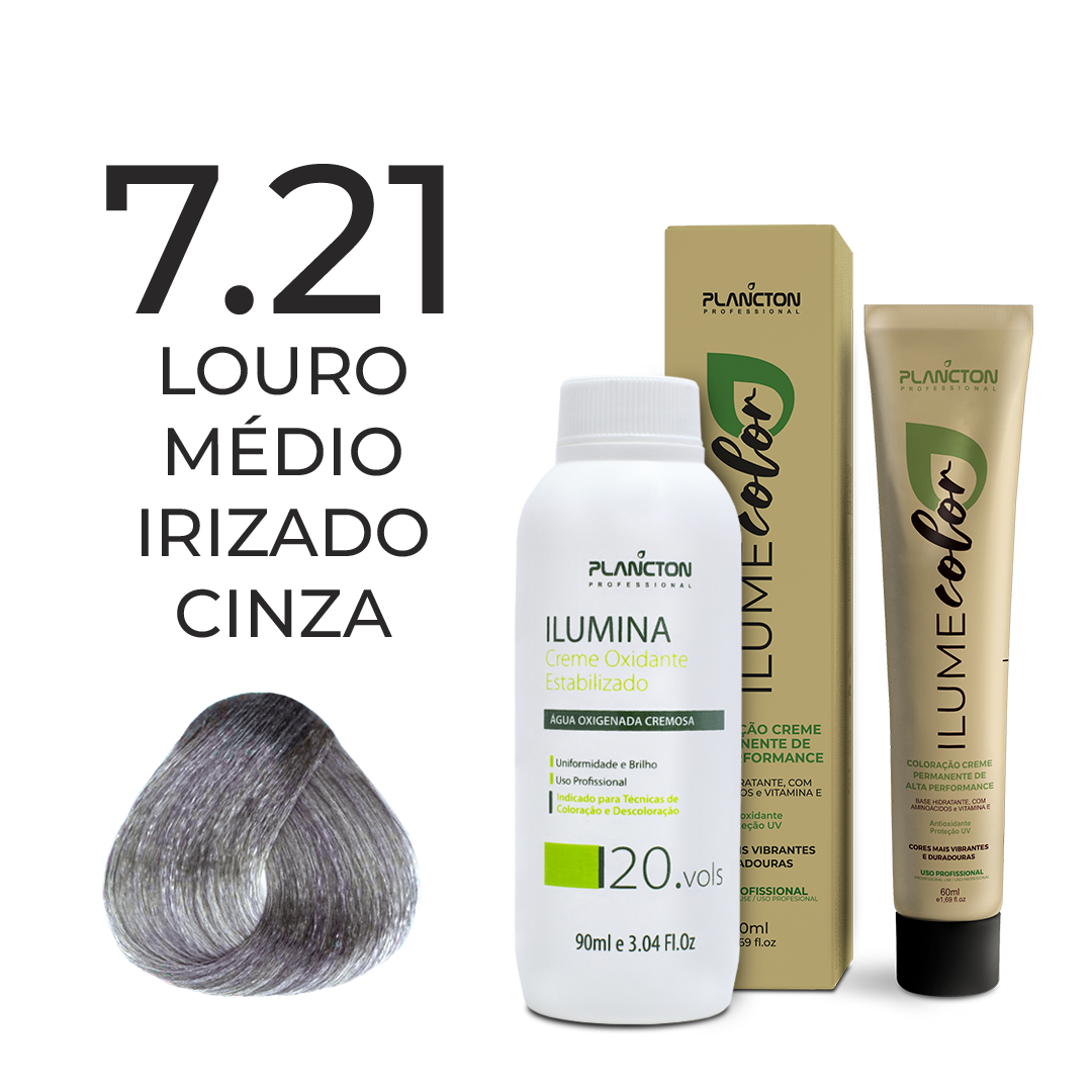 KIT ILUME COLOR PLANCTON - 7.21 LOURO MÉDIO IRIZADO CINZA + ILUMINA OX 20V - 90ML