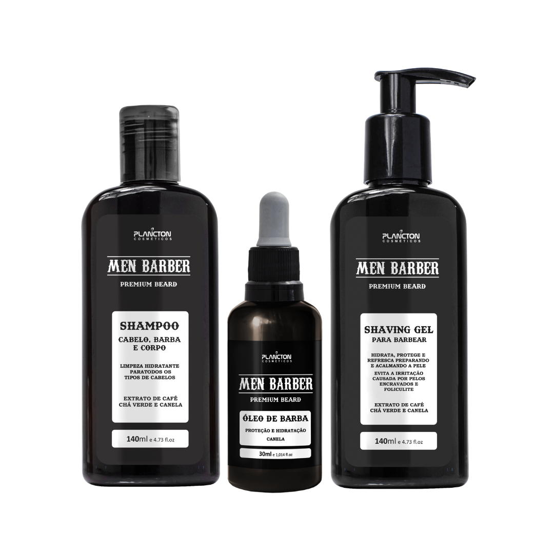 KIT MEN BARBER - SHAMPOO 3 EM 1 + ÓLEO DE BARBA + SHAVING GEL