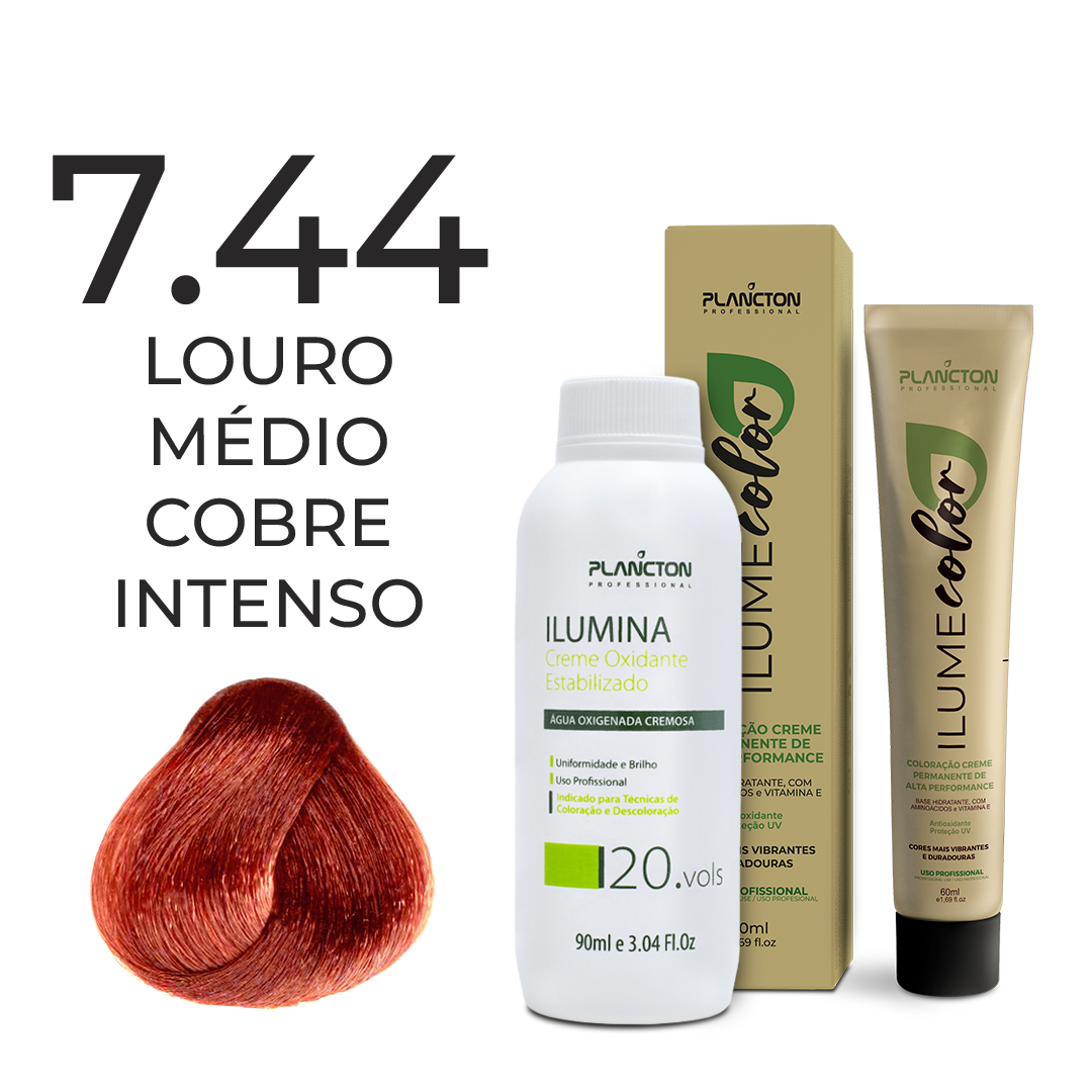 KIT ILUME COLOR PLANCTON - 7.44 LOURO MÉDIO COBRE INTENSO + ILUMINA OX 20V - 90ML