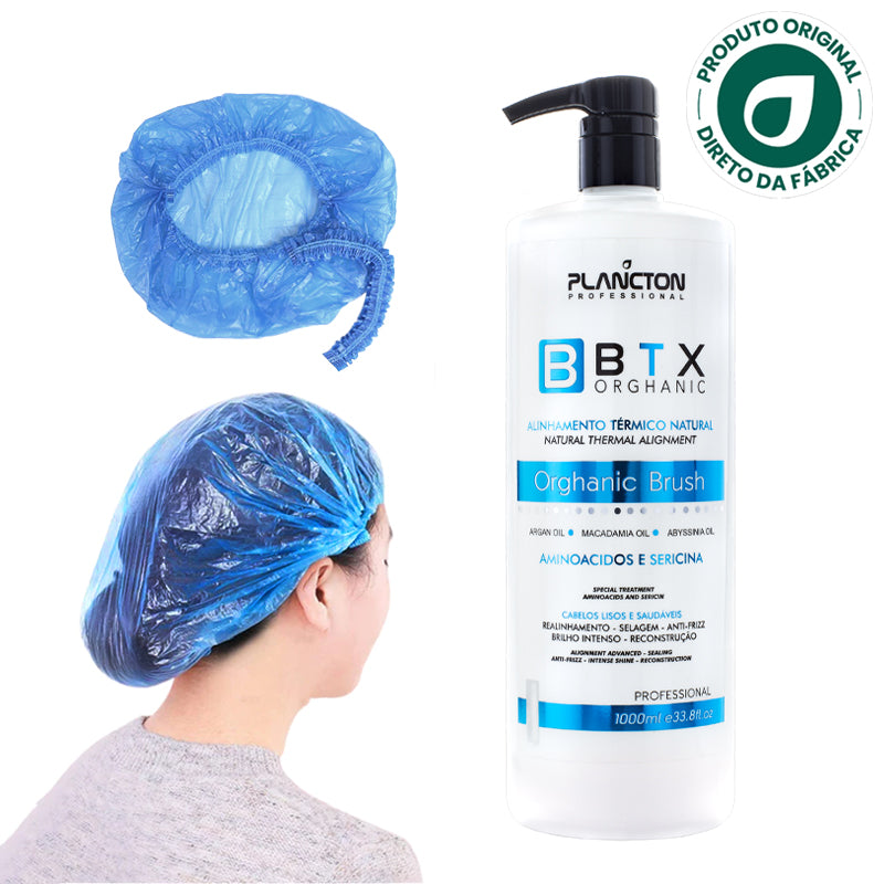 BTX Orghanic Brush Plancton 1L + Touca Plástica Descartável – Efeito Liso, Brilho Espelhado e Nutrição