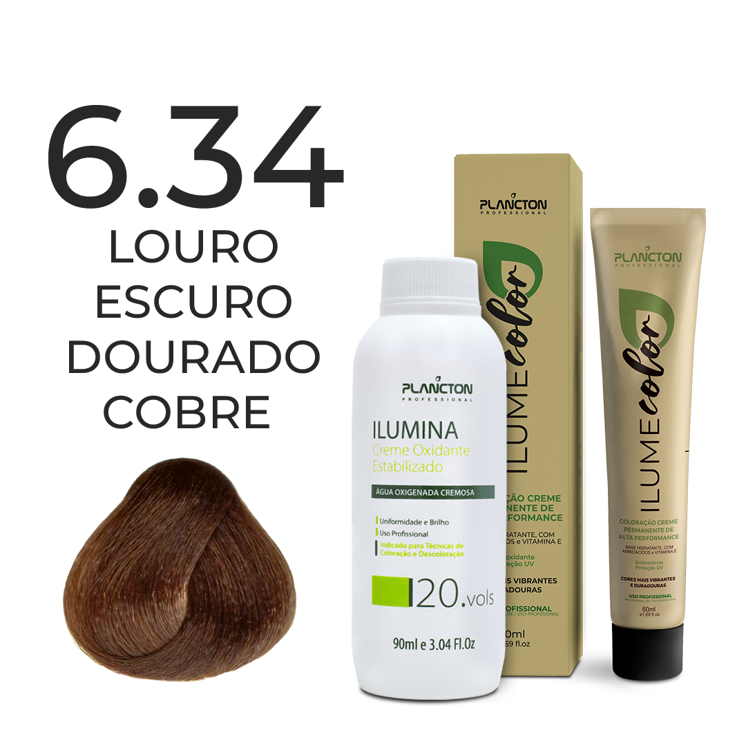 KIT ILUME COLOR PLANCTON -  6.34 LOURO ESCURO DOURADO COBRE  + ILUMINA OX 20V - 90ML
